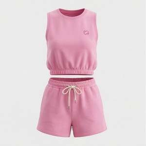 Women's Pink Sleeveless Crop <b>Top</b> and Shorts Set Crew Neck Solid Color Casual Sportswear Above Knee Knitted Spandex Cotton 2 - Product Image 1