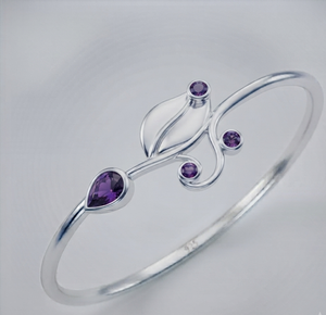 925 Silver Open Bangle <b>Amethyst</b> Leaf Vine Plant <b>Bracelet</b> Teardrop Gemstone Handmade Women's Romantic Jewelry Gift - Product Image 1
