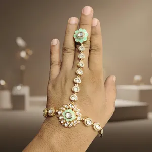 Wholesale Gold Plated Mint Green Kundan Hathphool for Women Floral Hand <b>Harness</b> Bracelet Adjustable Bridal Hand Jewelry - Product Image 1