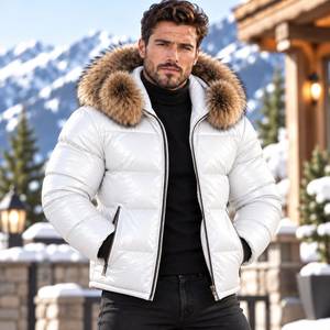 Men's Leather Quilted Bomber <b>Jacket</b> with Fox <b>Fur</b> <b>Hood</b> Premium Cold Weather Outerwear , Piumino Lucido Uomo | Chaqueta Brillante - Product Image 1