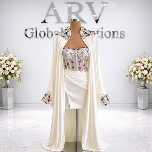 Robe mini-corset de luxe faite à la main et ornée d'un cape |   Robe de soirée cocktail sans bretelles en perles de cristal, écologique et élégante - Product Image 2