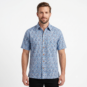 Camisa Casual de Manga Corta para Hombre, Estampado Floral Azul, Cuello Clásico, Transpirable, de Algodón, para Verano - Product Image 1