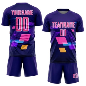 Conjunto de Uniforme de Fútbol Sublimado de Alto Rendimiento, Diseño Geométrico Azul Rey y Rosa, Unisex, Camiseta de Manga Corta con Cuello Redondo y Pantalones Cortos - Product Image 1