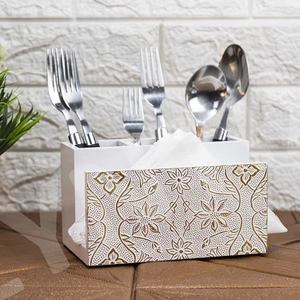Unique White Wood Cutlery Holder With Napkin Stand Embossed Floral Pattern Wooden Spoon Fork Organizer For Dining <b>Tabletop</b> - Product Image 1