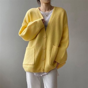 Cardigan en tricot 100 % coton bleu haut de gamme pour femme, col en V, manches longues, boutonné, style décontracté, coupe ample - Product Image 5