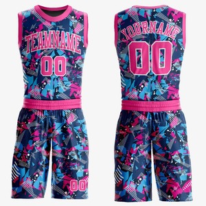 Uniforme de Baloncesto Sublimado Personalizado con Estampado de Figuras, Color Rosa y Azul Claro, para Equipo de Chimpancés, Unisex, Transpirable, para Adultos - Product Image 1