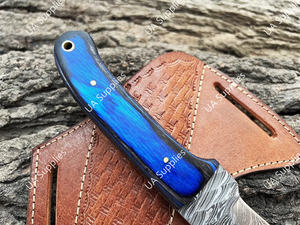 Cuchillo de caza y desollado de acero de Damasco con hoja martillada, 8 pulgadas, estilo vaquero, para camping, con funda de cuero OEM y mango de madera Pakka. - Product Image 3