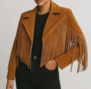 Blazer con flecos marrones para mujer, estilo occidental, cuello vuelto, manga larga, para otoño - Product Image 3