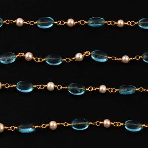 Chaîne de chapelet perlée en Apatite Sky AAA et Perles d'eau douce, forme ovale 6x7mm, plaquée or, pour la fabrication de bijoux, vente en gros - Product Image 6