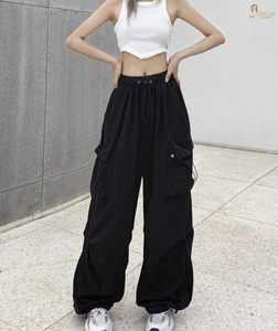 Pantalon cargo pour femme, taille haute, 100% coton, toile, uni, broderie, multi-poches, léger, jambe large, décontracté, automne - Product Image 2