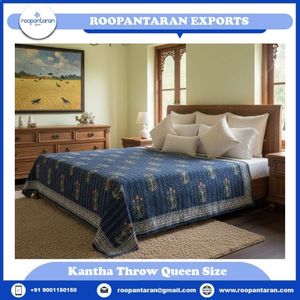 Hand Block Printed Indian Cotton Sanganer Kantha Queen Size <b>Throws</b> <b>Large</b> Width Handmade Quilt Traditional Home Bedding Export - Product Image 2