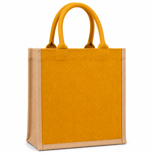 Geometric Pattern Jute Beach Tote <b>Bag</b> <b>Medium</b> <b>Size</b> Top Handle Groceries Shopping Yellow with White Silk Screen Design - Product Image 3
