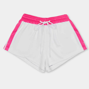 Pantalones Cortos Deportivos Blancos para Hombre con Franja Lateral Rosa, Cintura Elástica con Cordón, Secado Rápido, Poliéster - Product Image 1
