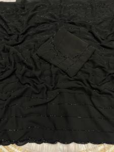 Hermoso Sari de Georgette Sintético con Corte Khatli y Trabajo Artesanal, Incluye Blusa de Georgette Sintético con Trabajo Artesanal Khatli y Detalles de Diamantes Hechos a Mano - Product Image 5