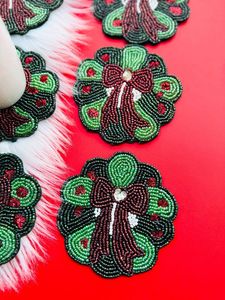 Christmas Gingerbread Snowflake Beaded Coaster Set Handmade Holiday <b>Table</b> Decor - Product Image 2