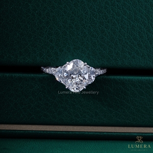 Oval Cut Lab Grown Diamond Three Stone Engagement <b>Ring</b> 14K 18K White Gold Half <b>Moon</b> Side Stone Multi Row Pave Band Bridal <b>Ring</b> - Product Image 2