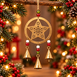 Campana de Navidad con diseño de escena invernal recortada, letras curvadas y tres campanas doradas cónicas - Product Image 5