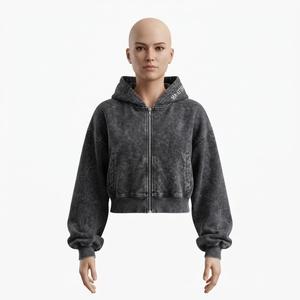 Women's Black Washed <b>Cropped</b> <b>Zip</b> <b>Up</b> <b>Hoodie</b> Fleece Sweatshirt Casual Hooded Jacket Custom Logo - Product Image 3