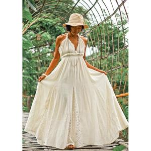 Robe longue bohème pour femme, col halter, avec empiècements en dentelle, idéale pour l'été, la plage et les vacances - Product Image 2