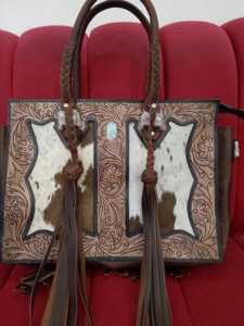 Premium Luxury Western Cowhide Hair Unisex Sling Bag Hand-Tooled Japan Two Straps Floral <b>Solitaire</b> Design 36L Waterproof - Product Image 1