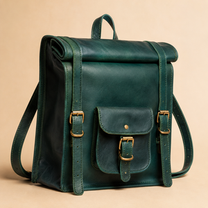 Vintage Green Leather <b>Backpack</b> <b>Roll</b> <b>Top</b> Satchel Bag Brass Buckle Laptop Travel Rucksack for Men Women Stylish Use - Product Image 1