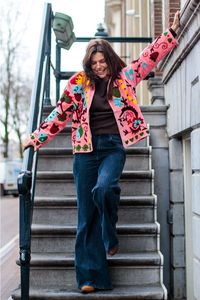 Embroidered Embossed Knitted Velvet <b>Jacket</b> Reversible Varsity Style Autumn Satin Outerwear Floral Pattern <b>Mandarin</b> <b>Collar</b> 100% - Product Image 5