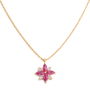 Collar con Colgante de Flor de Rubí y Diamantes Marquise de Diseño, Oro Amarillo Sólido de 18K, Colgante Delicado, Joyería Fina Floral para Novia y Boda - Product Image 1