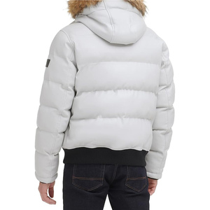 Veste d'hiver décontractée pour homme en duvet blanc avec capuche en fourrure, coupe régulière, fermeture éclair, couleur unie, coupe-vent - Product Image 2
