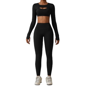 Traje de Yoga de manga larga para mujer, ropa deportiva de patrón sólido, ropa atlética para gimnasio, 2 uds., sujetador de Fitness, Top corto, mallas, estilo de ropa de entrenamiento - Product Image 1