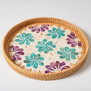 Bandeja decorativa de ratán con incrustaciones de nácar de diseño antiguo y múltiples colores, artículo de vajilla para almacenamiento de alimentos. - Product Image 3