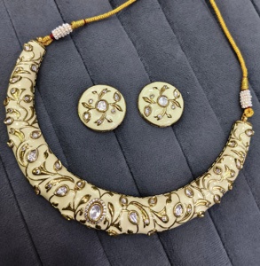 Ensemble collier et boucles d'oreilles personnalisés en or plaqué Meenakari avec pierres en zircon pour femmes, bijoux de mariage et d'anniversaire - Product Image 1