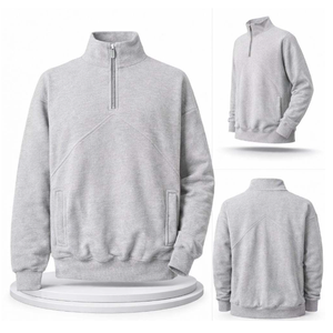 Sudadera Oversize de Hombre con Cremallera de un Cuarto, Gris Sólido, Cuello Alto, Manga Larga, Ajuste Casual Corto, de Felpa Francesa - Product Image 4