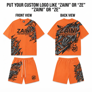 Men T <b>Shirt</b> and Short Set 260 GSM Premium <b>Polyester</b> Terry Fabric Solid Orange Black ODM Custom Logo Streetwear Outfit - Product Image 1