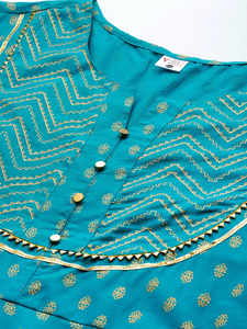 Kurta Anarkali en coton à fleurs turquoise, grande taille, pour femme, tenue de tous les jours, col en V, manches trois quarts, légère - Product Image 2