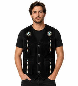Chaleco de Cuero de Gamuza de Alta Calidad para Hombre, Estilo Vaquero Occidental, Última Tendencia, con Flecos y Detalles de Cuentas |   Fabricante OEM Personalizado - Product Image 3