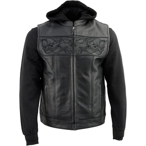 Gilet en cuir premium pour homme Samroz Sports avec capuche amovible - Marron vieilli, col en V, fermeture éclair, veste de moto pour l'hiver - Product Image 2
