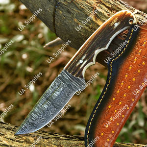 Cuchillo de Caza y Supervivencia de Hoja Fija de Acero de Damasco Personalizable con Cuerno de Ciervo, Funda de Cuero, Venta al por Mayor, Cuchillos EDC - Product Image 6