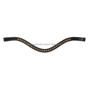 Productos ecuestres para carreras de caballos: Diadema de cuero negro inglés con cristales redondos dorados de marca incrustados. - Product Image 3