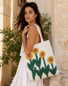 Sac fourre-tout bohème en toile pour femme, sac à bandoulière à fleurs tuftées, sac de shopping d'été réutilisable et portable - Product Image 2
