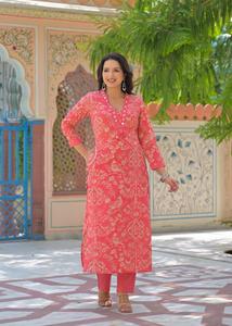 Premium Coral Red 60x60 Cotton Digital Print Suit Set with Mirror Work Straight <b>Kurta</b> Matching Pants for <b>Women</b> Ethnic Wear - Product Image 2