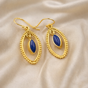 Boucles d'oreilles pendantes faites à la main en argent sterling 925 avec lapis-lazuli naturel, cadre perlé marquise style bohème, cadeau bijoux pour femme et petite amie - Product Image 3