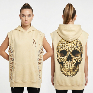 Sudadera con capucha gris para mujer, estilo oversize, con lavado ácido, mangas con cordón, estampado gráfico vintage de calavera, fabricante personalizado - Product Image 4
