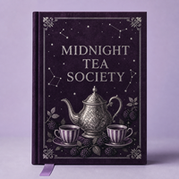 Journal LABON personnalisé Midnight Tea Society, couverture rigide en velours violet, bordure en filigrane argenté, étoiles célestes, théière, mûres