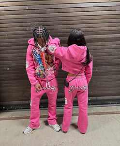 Ensemble de survêtement rose à capuche, manches longues, fermeture éclair sur le devant, imprimé lettres, délavé à l'acide, streetwear, coupe oversize avec poches latérales, unisexe adulte - Product Image 1