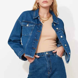 Veste en jean pour femme, style trucker, manches longues, col rabattu, longueur courte, couleur unie, manteau décontracté d'automne, bleu - Product Image 3