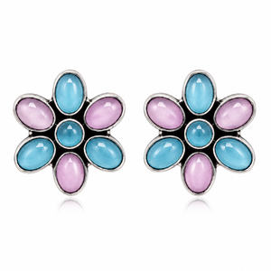 Boucles d'oreilles clous florales multicolores en argent oxydé vintage |   Bijoux pour femmes en laiton et acier inoxydable, tendance bohème ethnique pour les fêtes - Product Image 3