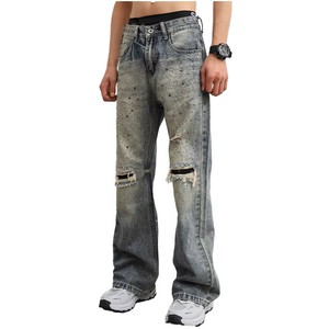 Jean en denim déchiré taille haute pour homme, coupe droite, style hip-hop, en coton lavé, respirant et confortable - Product Image 1