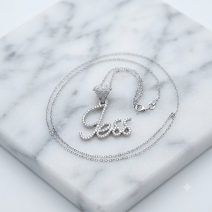 925 <b>Silver</b> Cursive Script Customizable Iced lab grown Diamond <b>Initial</b> Letter Romantic Heart Clasp Fine Pendants Charms <b>Necklaces</b> - Product Image 3