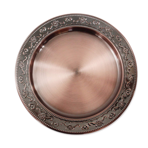 Exquisite floral embossed antique copper charger plate with a <b>brushed</b> finish and ornate rim. Available at wholesale price now. - Product Image 1