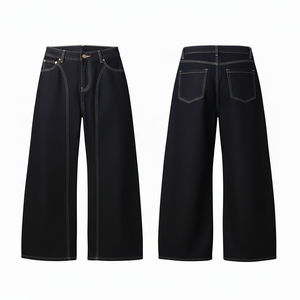 Jeans en denim vintage style américain pour hommes et femmes, coupe droite ample taille mi-haute, tricoté, poids moyen, lavable, collection automne - Product Image 1